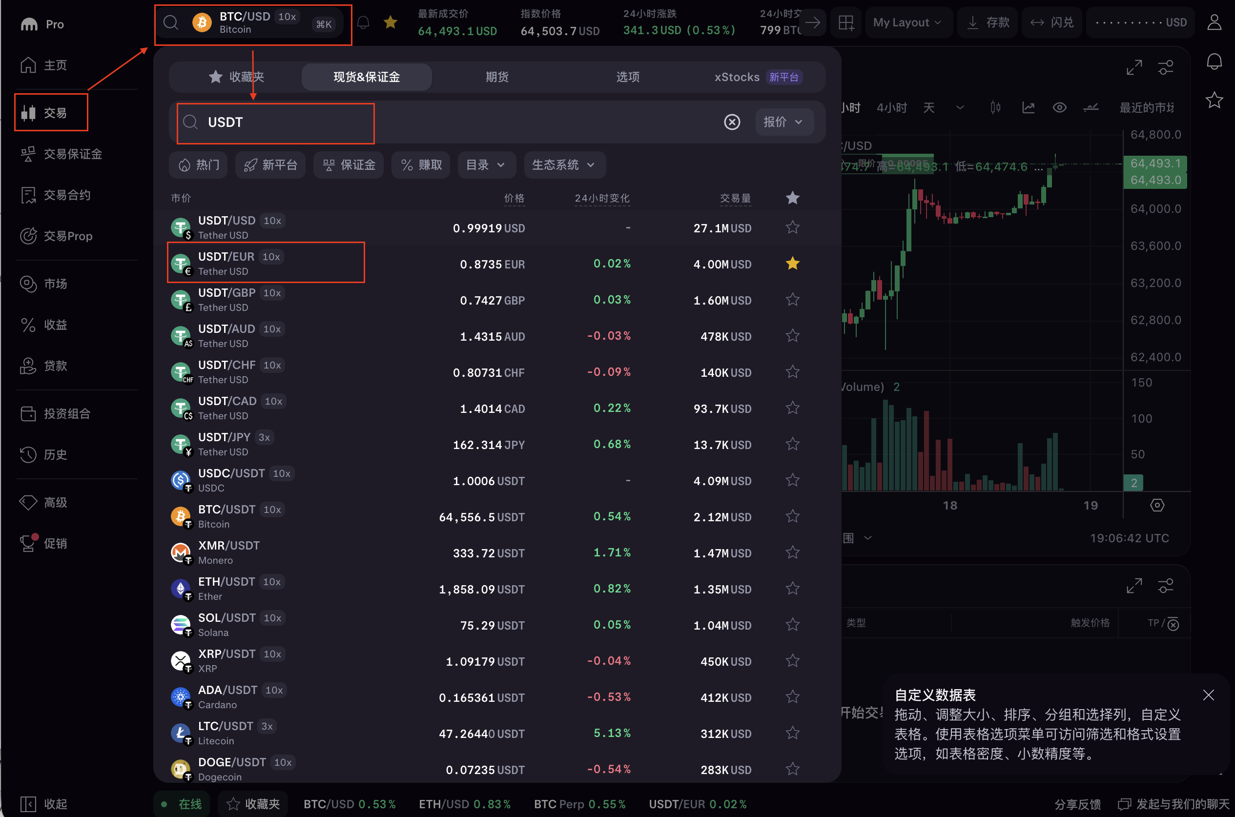 Kraken Pro交易页面搜索USDT并选择USDT EUR现货交易对