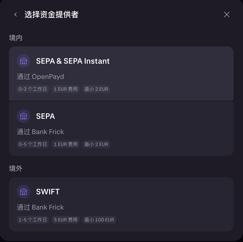 Kraken EUR提现页面列出OpenPayd SEPA Instant、Bank Frick SEPA和SWIFT通道