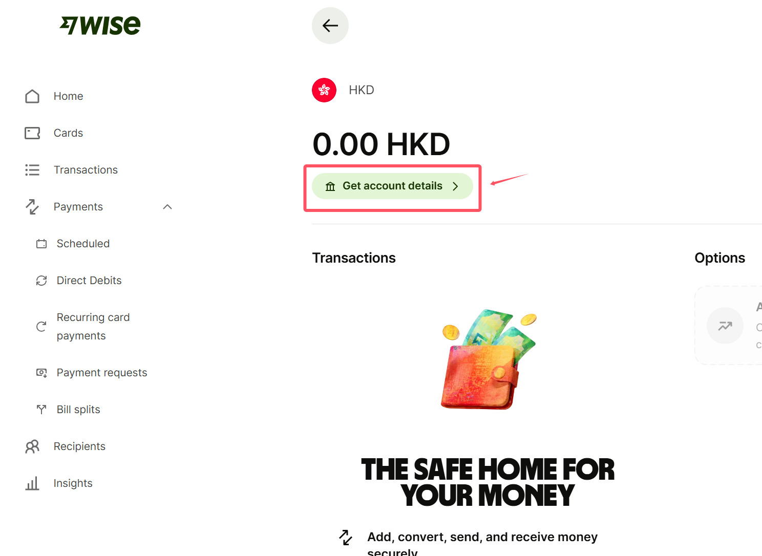 Wise港币余额页面获取账户详情