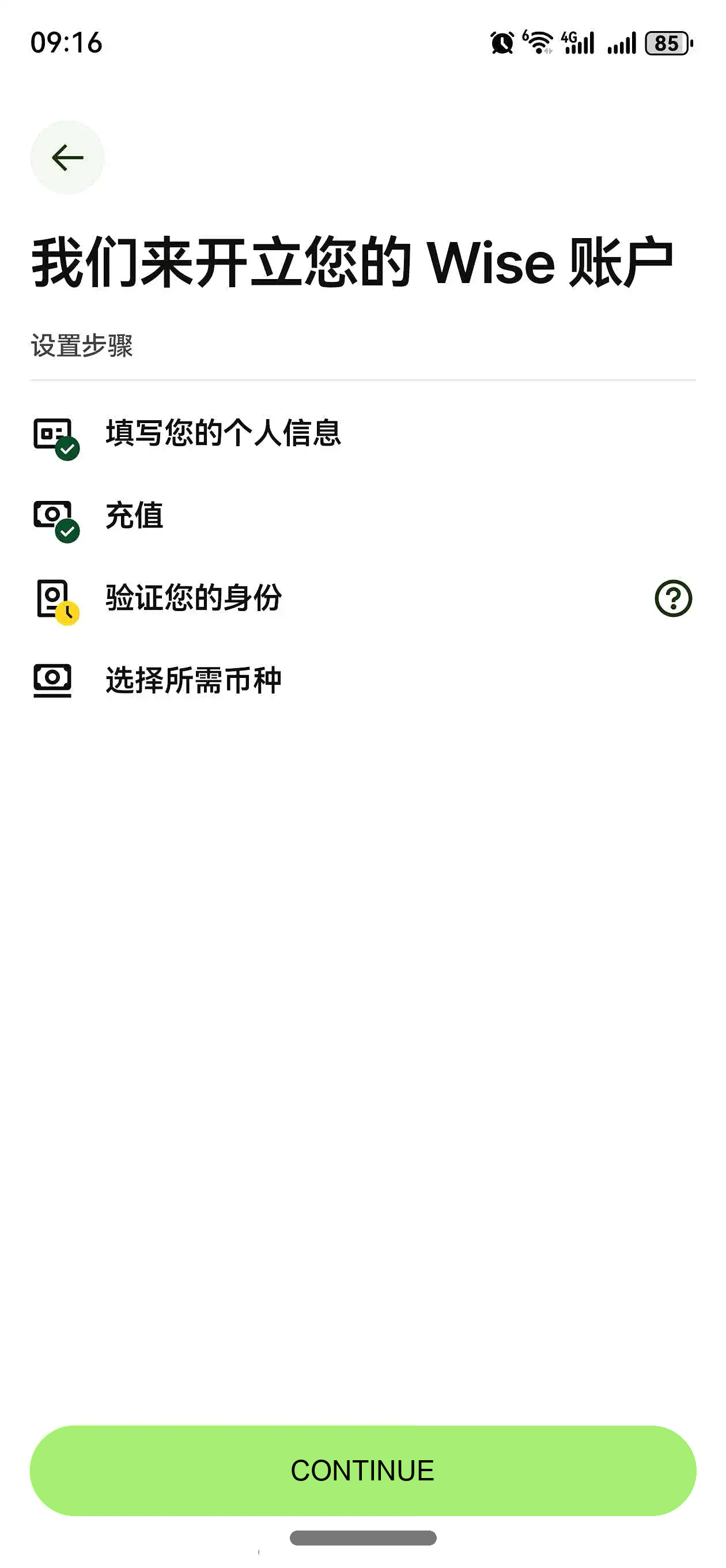Wise App账户设置页面进入身份验证